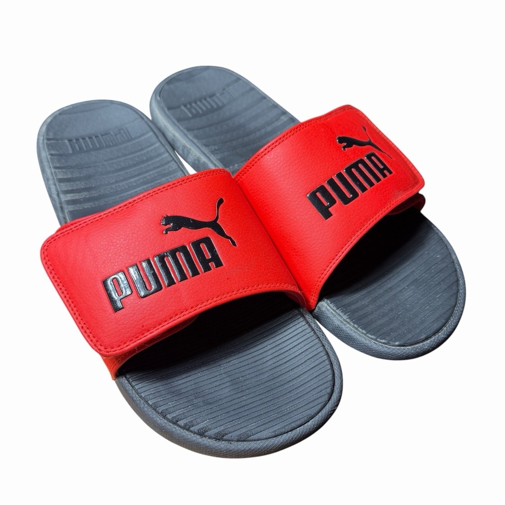 Puma Men's Slides Size 12 Red Black Logo Slip On Sport Sandals
